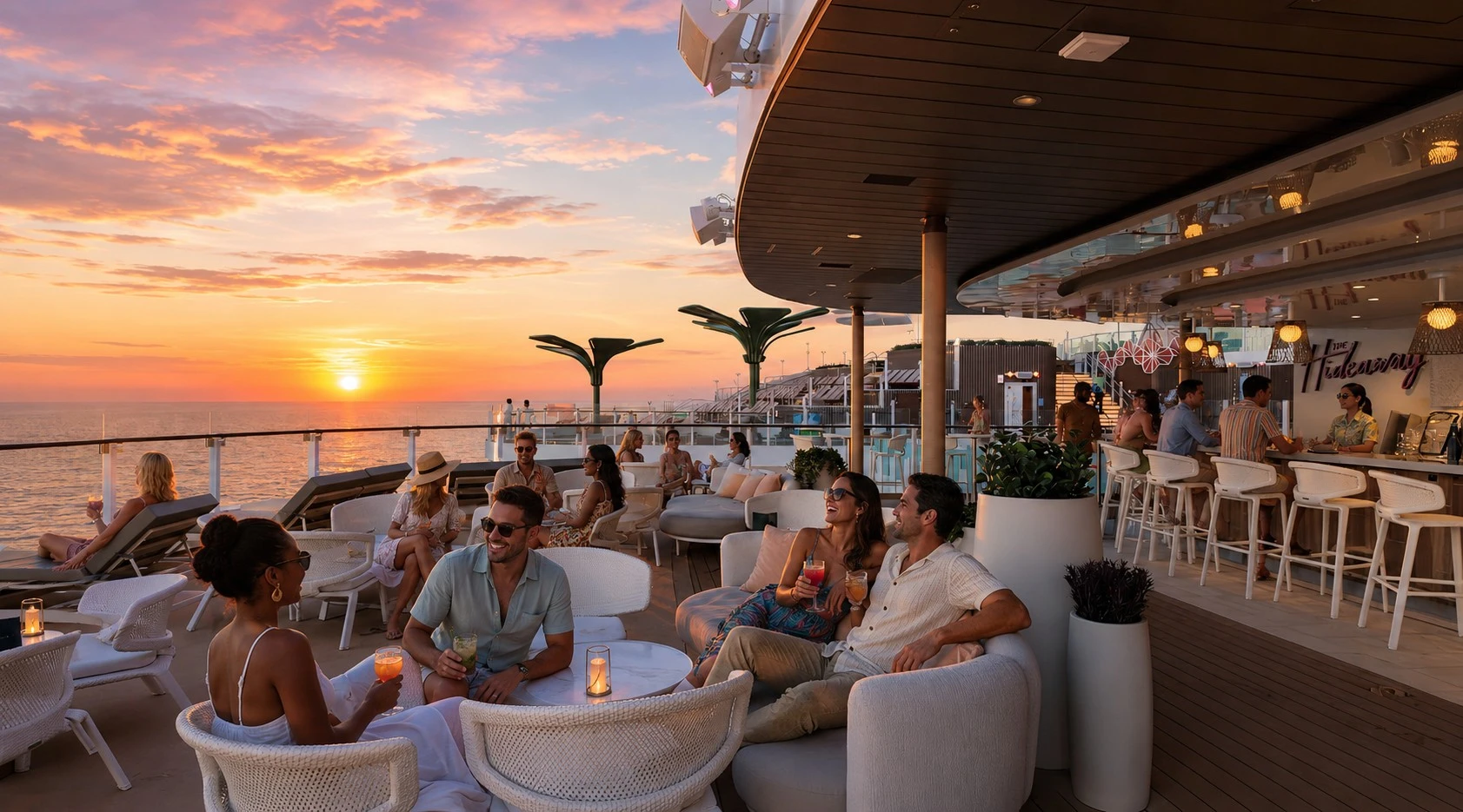 The Hideaway Bar on Royal Caribbeans Star of the Seas at Sunset