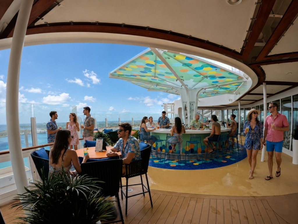The Vue bar overlooking the pool deck on Utopia of the Seas