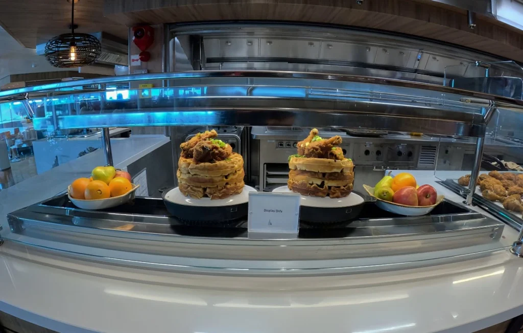Chicken and waffles at the Windjammer Marketplace buffet on Utopia of the Seas